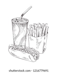 Soft drink in plastic cup monochrome sketches outline. French fries in package, hot dog made of fresh bun and sausage, vegetables vector illustration