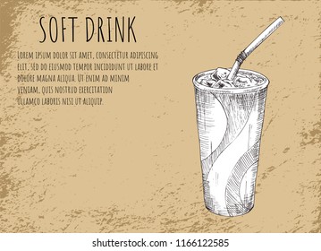 Soft drink in plastic cup with straw. Poster with headline, text sample and monochrome sketch outline. Beverage with ice cubes vector illustration