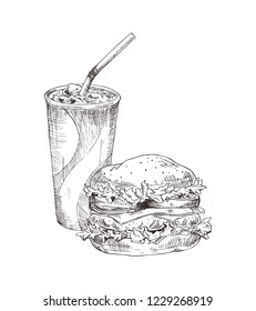 Soft drink in plastic cup with straw hamburger monochrome sketches outline. Set of fast food take away meals, burger cool beverage vector illustration