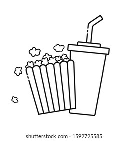 Soft drink and popcorn for going to the movies. Line drawing