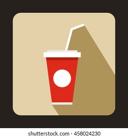 Soft drink in a red paper cup with lid and straw icon in flat style on a beige background