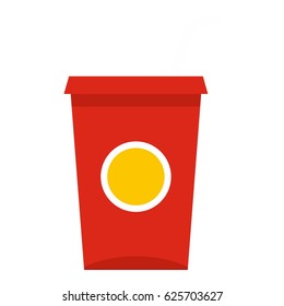 Soft drink in a red paper cup with lid and straw icon flat isolated on white background vector illustration