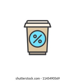 Soft drink sale filled outline icon, line vector sign, linear colorful pictogram isolated on white. Take away cup with percentage sign symbol, logo illustration. Pixel perfect vector graphics