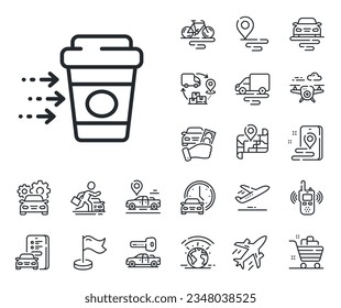 Señal de refresco. Iconos de esquema de plano, cadena de suministro y ubicación de sitio. Icono de línea de entrega de café. Símbolo del servicio de restauración. Señal de la línea de entrega del café. Transporte de taxis, alquiler de un icono de bicicleta. Vector