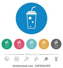 soft drink with straw outline flat white icons on round color backgrounds. 6 bonus icons included.