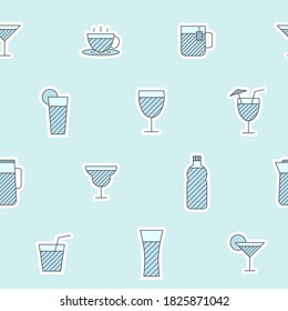 Soft drink - Vector color background (seamless pattern) of water, soda, juice, cocktail, cup, can, mug, coffee, tea for graphic design