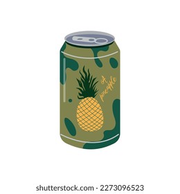 Soft drink. Vector illustration of aluminum can of soda drink with juicy pineapple and colorful label