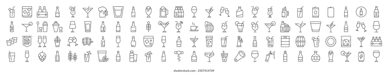 Soft Drinks and Alcohol Icon Bundle. Contains Icons of Beer, Cocktail, Bottle that Can Be Used for Design of Cards, Posts, Apps, Web Sites