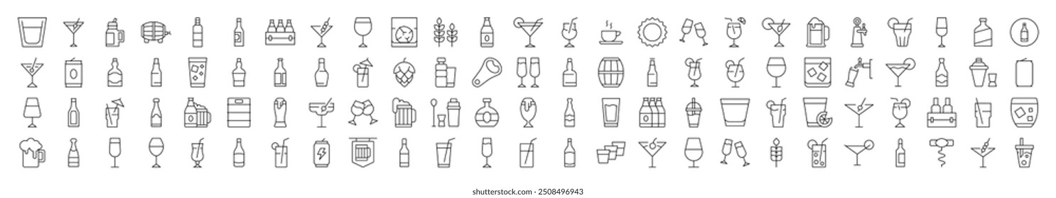 Soft Drinks and Alcohol Icon Collection. Contains Icons of Beer, Cocktail, Bottle that Can Be Used for Design of Cards, Posts, Apps, Web Sites