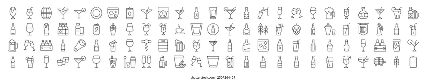 Soft Drinks and Alcohol Icon Pack. Contains Icons of Beer, Cocktail, Bottle that Can Be Used for Design of Cards, Posts, Apps, Web Sites