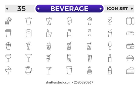 Soft Drinks and Beverage Outline Icon Pack. Contains Icons of Beer, Cocktail, Bottle that Can Be Used for Design of Cards, Posts, Apps, Web Sites.

