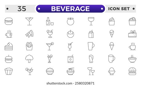 Soft Drinks and Beverage Outline Icon Pack. Contains Icons of Beer, Cocktail, Bottle that Can Be Used for Design of Cards, Posts, Apps, Web Sites.
