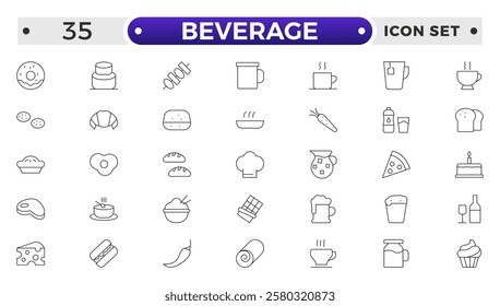 Soft Drinks and Beverage Outline Icon Pack. Contains Icons of Beer, Cocktail, Bottle that Can Be Used for Design of Cards, Posts, Apps, Web Sites.
