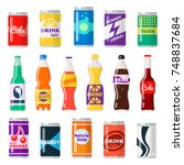 Soft drinks bottles. Bottled beverage, vitamin juice, sparkling or natural water in cans, glass and plastic bottles. Vector flat style cartoon illustration isolated on white background