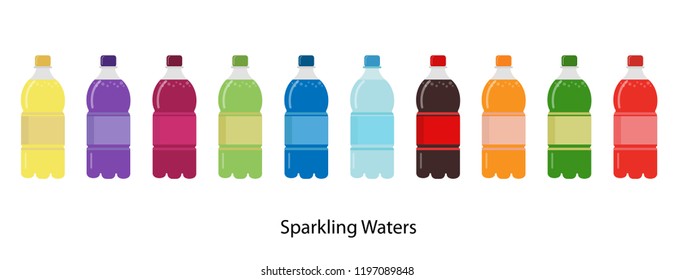 Soft drinks bottles. Bottled beverage, vitamin juice, sparkling or natural water  and plastic bottles. Vector flat style
