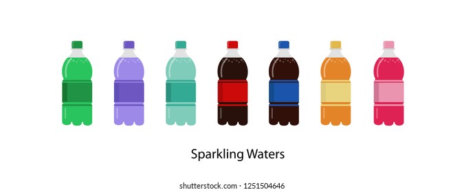 Soft drinks bottles. Bottled beverage set. orange , green, pink, purple, black