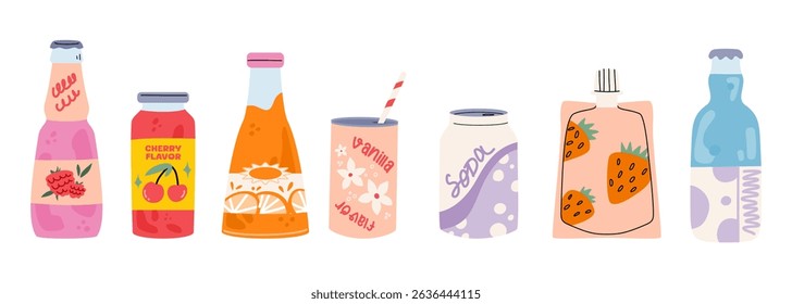 Soft drinks bottles. Bottled beverage, juice, sparkling or natural water in cans, glass and plastic bottles. Illustration isolated on white background