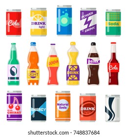 Soft drinks bottles. Bottled beverage, vitamin juice, sparkling or natural water in cans, glass and plastic bottles. Vector flat style cartoon illustration isolated on white background