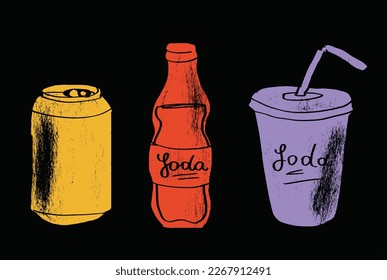 Bebidas suaves. Menú de bebidas de café. Dibujo vectorial de soda. Ilustraciones de soda dibujadas a mano.