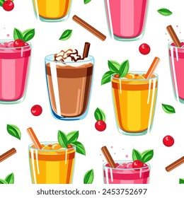 Soft drinks and cocktails seamless pattern. Cocktails summer seamless pattern background. Summer template for wrapping paper, textile, wallpaper and cards design. Vector isolated on white background