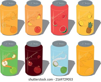 Bebidas blandas, recogida de zumos de frutas en latas de bebidas de aluminio ilustración vectorial