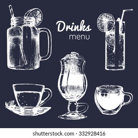 Soft drinks glasses for bar, restaurant, cafe menu. Hand drawn different beverages vector illustrations set: lemonade, coffee, tea.