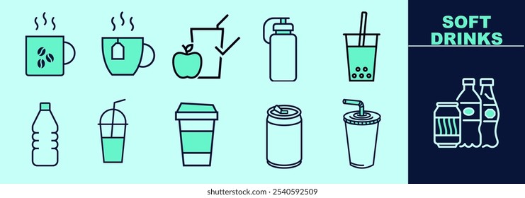 Conjunto de iconos LINE de refrescos para logotipo, marketing, trabajo digital. Café, té, jugo, lata de refresco, bobba, taza reutilizable, botella de agua y otros. Contorno, tamaño y color editables.