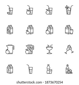 Soft drinks line icons set, outline vector symbol collection, linear style pictogram pack. Signs, logo illustration. Set includes icons as smoothie, fruit juice pack, water glass, cocktail