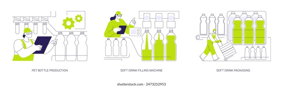 Soft drinks manufacturing abstract concept vector illustration set. Pet bottle production, soft drink filling machine, packaging conveyor, carbonated soda water production abstract metaphor.