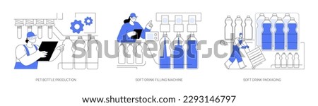 Soft drinks manufacturing abstract concept vector illustration set. Pet bottle production, soft drink filling machine, packaging conveyor, carbonated soda water production abstract metaphor.