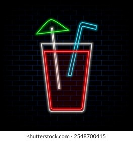 Soft drinks neon sign. Glass of lemonade with ice cube on brick wall background. Vector illustration in neon style for family cafe and restaurant.