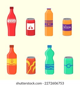 Bebidas blandas en envases de plástico y aluminio. Bebida embotellada, zumo de vitamina, agua espumosa o natural en tanques, botellas de plástico. Agua espumosa con diferentes sabores. Ilustración plana vectorial.