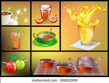 soft drinks set. multicolor drinks on abstract background