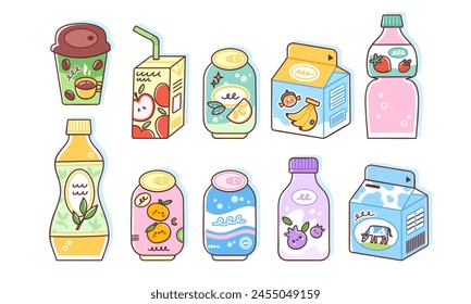 Soft drinks set. Vector illustration of tea and juice bottles, sweet soda cans, milk cartons. Cold beverages in cute flat style. Isolated elements on white background.