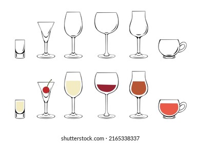 Set de bebidas refrescantes, vino blanco, vino tinto, tiro, juego de doodle, colección de bebidas 