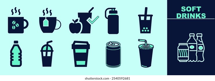 Soft drinks SOLID icon set for logo, marketing, digital work. Coffee, tea, juice, soda can, bobba, reusable cup, water bottle and others. Editable outline, size and color.