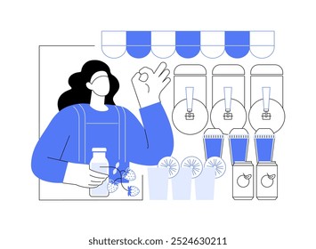 Soft drinks stall isolated cartoon vector illustrations. Smiling woman selling homemade lemonade and ice tea on the market, food festival, micro business industry, service sector vector cartoon.