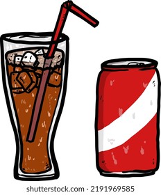 soft drink,soda, cola, coke in glass and bottle can. vector illustration with hand draw cartoon style