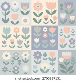 Weich staubiges Blau und rot-rosa Nordic Folk Blumenmuster mit minimalen geometrischen Blumen. Perfekt für Textildesign, Tapeten, Verpackungen, Schreibwaren und digitale Hintergründe.