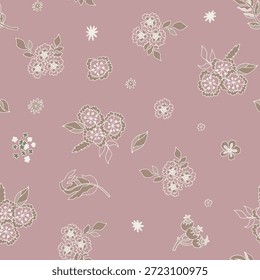 Weich staubige Rose Hintergrund mit zarten Blüten und Creme Blumen Cluster und Oliven Akzente, ideal für Tapeten, Bettwäsche, Polsterung und Stoff.
