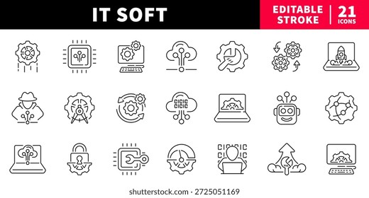 Ele soft editável linha ícones conjunto: tecnologia e software símbolos