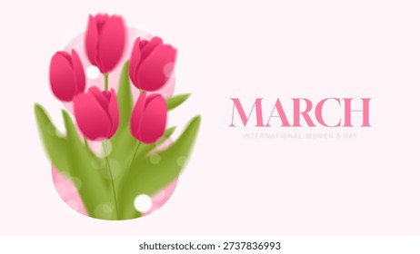 Soft and elegant 8 March banner. Vector illustration with bokeh effect and blurred pink tulips in silhouette of number 8. Perfect for International Women's Day greetings, cards, invitations,  covers.