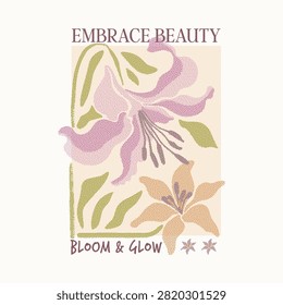 A soft, elegant botanical graphic featuring pink and peach-orange lilies created in a stippled pointillism Dithering  style. Accented with typography reading 'Embrace Beauty' and 'Bloom and Glow' on a muted background.

#EmbraceBeauty #BloomAndGlow #LilyIllustration #BotanicalArt #TShirtDesign #PointillismArt #VintageFloral #VectorGraphic #ApparelDesign #PastelAesthetic