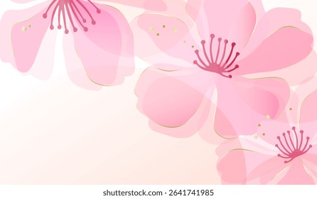 Soft and elegant floral background with pink cherry blossoms (sakura) arranged around the edges. The flowers have a watercolor-like effect with soft gradients. Vector illustration.