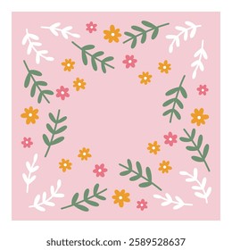 A soft and elegant floral pattern featuring small pink and yellow flowers with green leaves on a pastel pink background, perfect for decorative design.