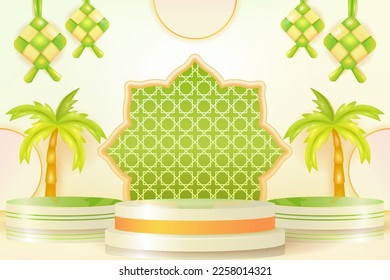 Soft and elegant Islamic podium with coconut tree, mosque, lamp and curtain ornaments. 3d realistic vector