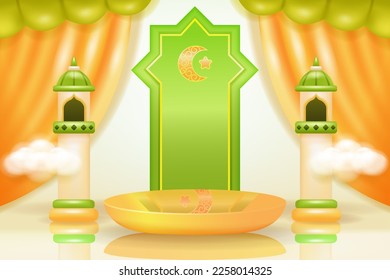 Soft and elegant Islamic podium with coconut tree, mosque, lamp and curtain ornaments. 3d realistic vector
