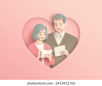 
Soft and emotional paper cut of older couple holding letters with heart-shaped background in warm tone.