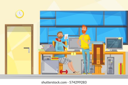 Soft engineer flat doodle hipster characters composition in office room interior with computers furniture and windows vector illustration
