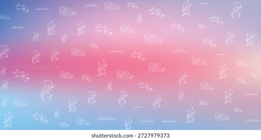 Un gradiente suave y etéreo que pasa del azul al rosa, superpuesto con Formas y símbolos geométricos tenues y repetitivos.